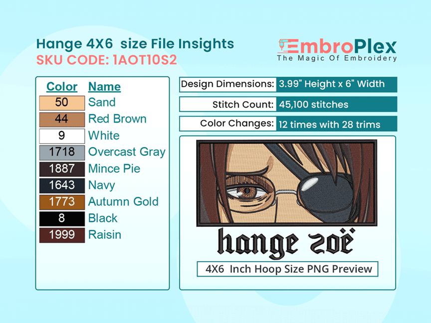 Anime-Inspired Hange Zoe Embroidery Design File - 4x6 Inch hoop Size Variation overview image