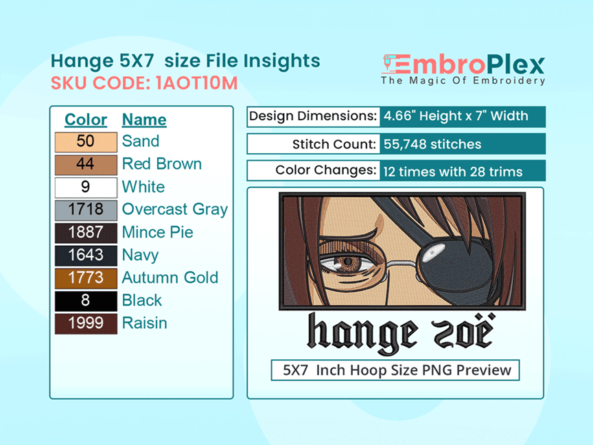 Anime-Inspired Hange Zoe Embroidery Design File - 5x7 Inch hoop Size Variation overview image