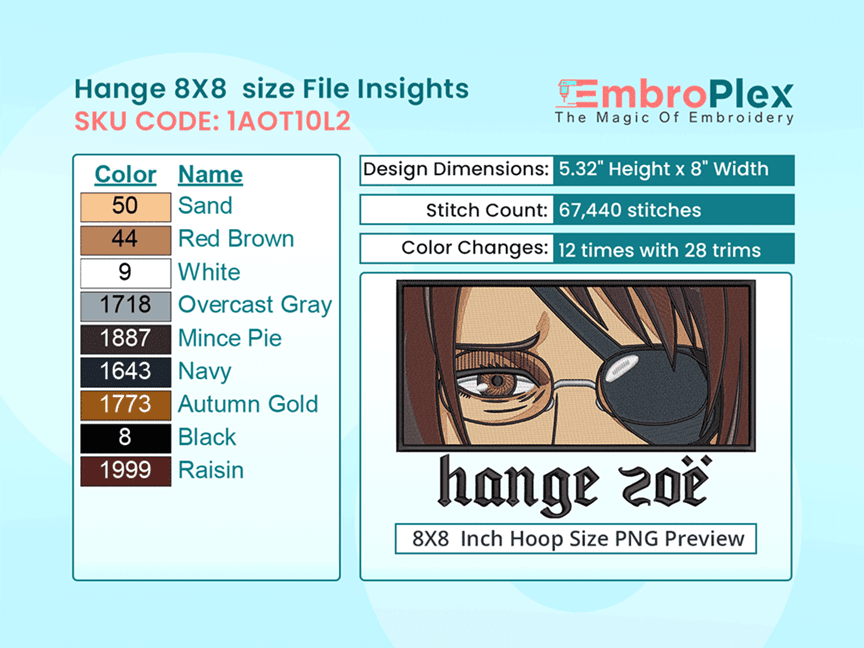 Anime-Inspired Hange Zoe Embroidery Design File - 8x8 Inch hoop Size Variation overview image