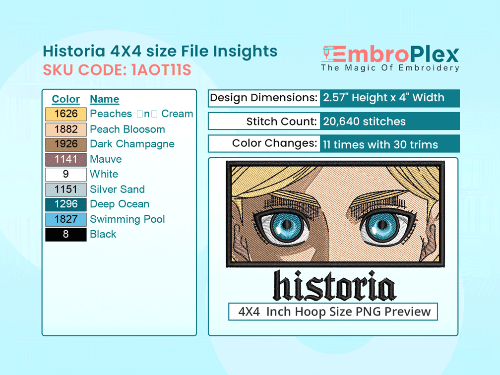 Anime-Inspired Historia Reiss Embroidery Design File - 4x4 Inch hoop Size Variation overview image