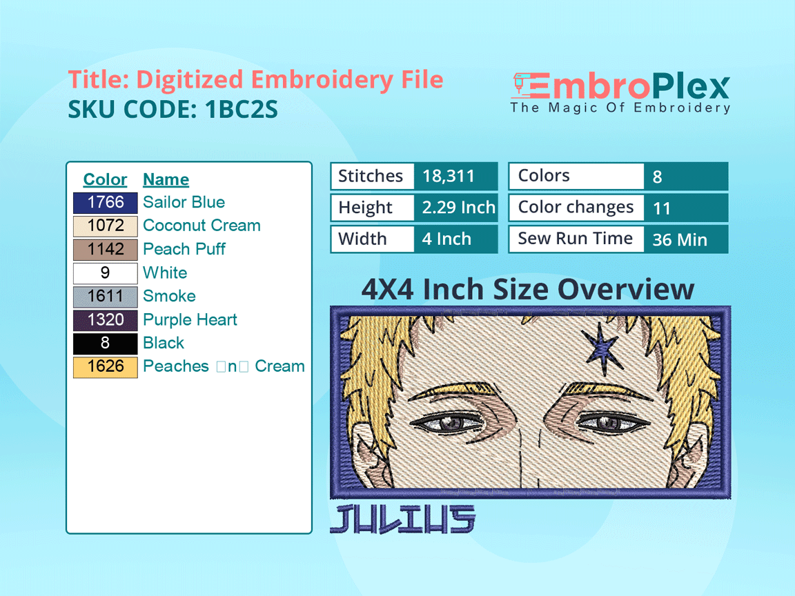 Anime-Inspired Julius Novachrono Embroidery Design File - 4x4 Inch hoop Size Variation overview image
