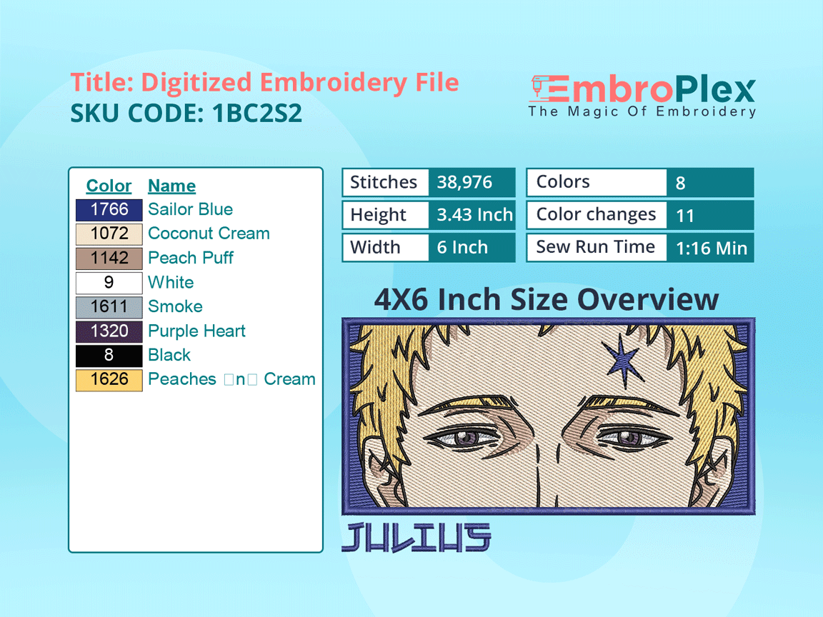 Anime-Inspired Julius Novachrono Embroidery Design File - 4x6 Inch hoop Size Variation overview image
