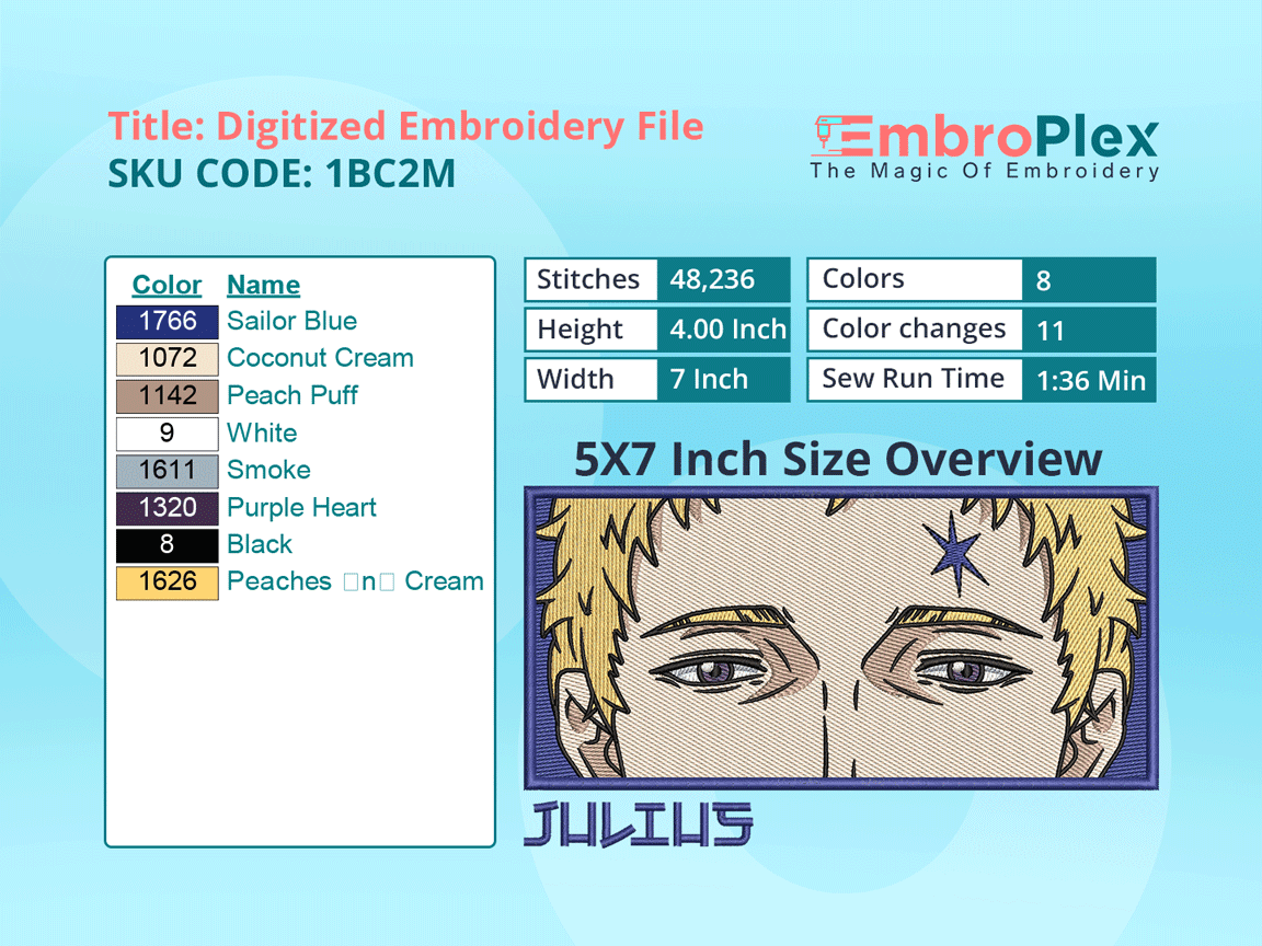 Anime-Inspired Julius Novachrono Embroidery Design File - 5x7 Inch hoop Size Variation overview image