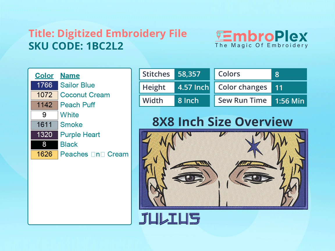 Anime-Inspired Julius Novachrono Embroidery Design File - 8x8 Inch hoop Size Variation overview image