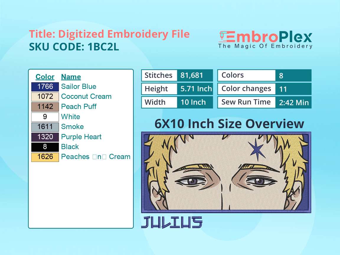 Anime-Inspired Julius Novachrono Embroidery Design File - 6x10 Inch hoop Size Variation overview image