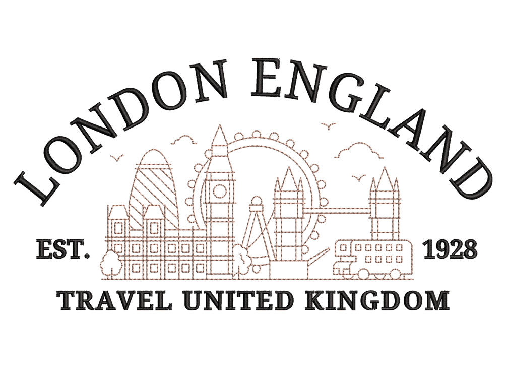 Cities and Countries-Inspired  London England Embroidery Design File main image - This anime embroidery designs files featuring  London England from Cities and Countries. Digital download in DST & PES formats. High-quality machine embroidery patterns by EmbroPlex.