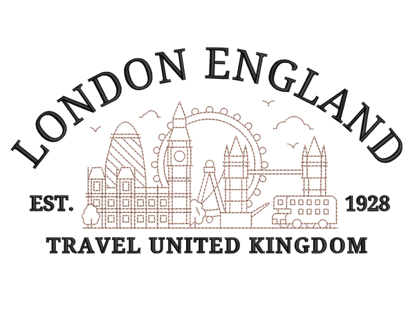 Cities and Countries-Inspired  London England Embroidery Design File main image - This anime embroidery designs files featuring  London England from Cities and Countries. Digital download in DST & PES formats. High-quality machine embroidery patterns by EmbroPlex.