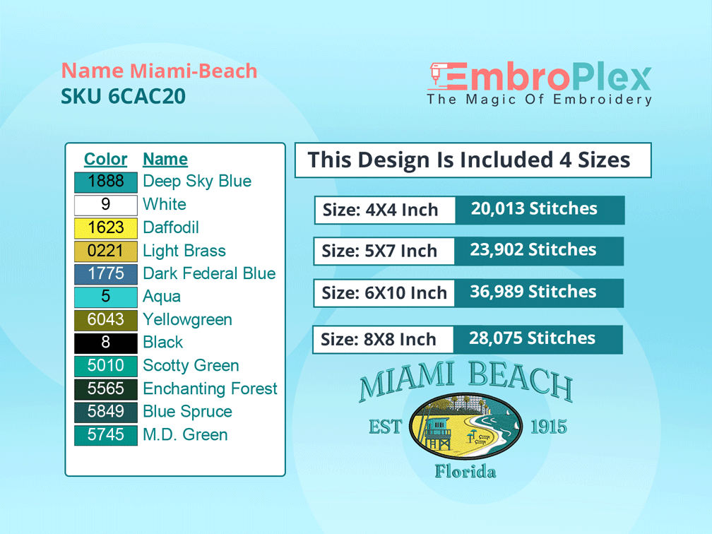 All Size Cities and Countries-Inspired Miami Beach Embroidery Design File