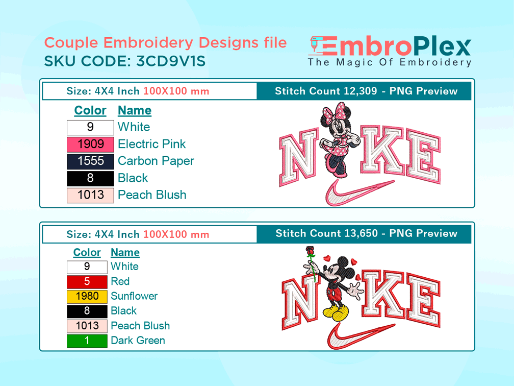 Mickey Mouse & Minnie Mouse Embroidery Design File - 4x4 Inch hoop Size Variation overview image