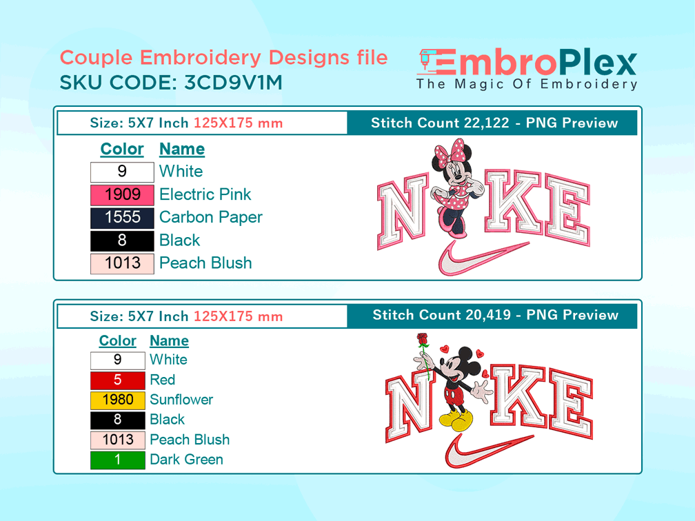 Mickey Mouse & Minnie Mouse Embroidery Design File - 5x7 Inch hoop Size Variation overview image