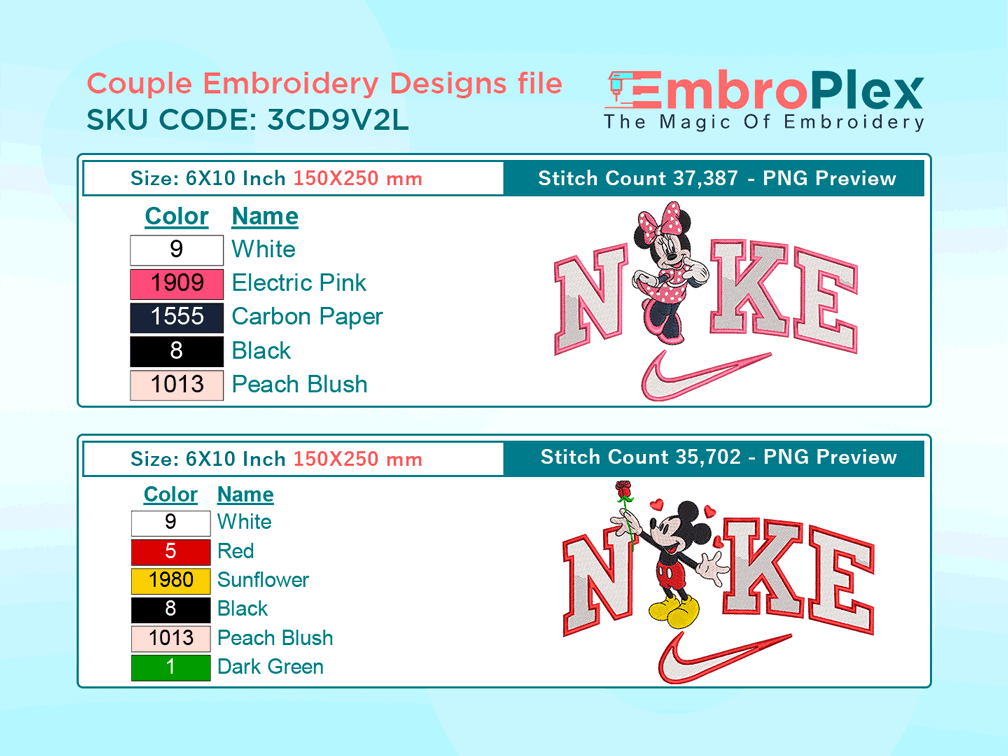 Mickey Mouse & Minnie Mouse V2 Embroidery Design File - 6x10 Inch hoop Size Variation overview image