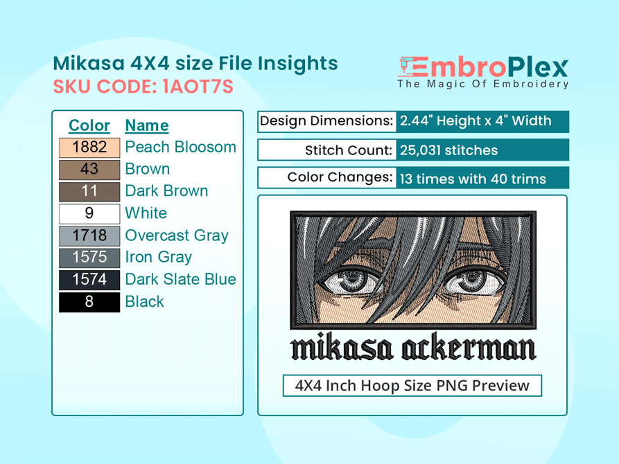 Anime-Inspired Mikasa Ackerman Embroidery Design File - 4x4 Inch hoop Size Variation overview image
