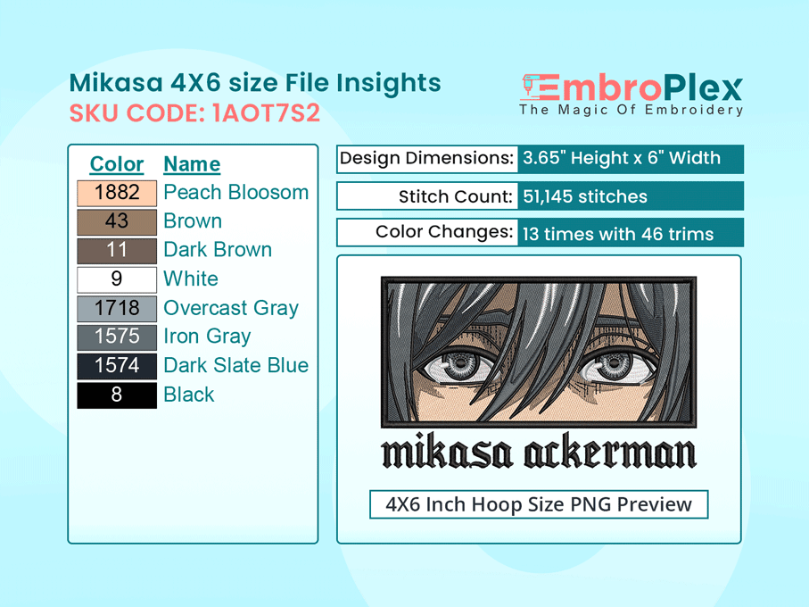 Anime-Inspired Mikasa Ackerman Embroidery Design File - 4x6 Inch hoop Size Variation overview image