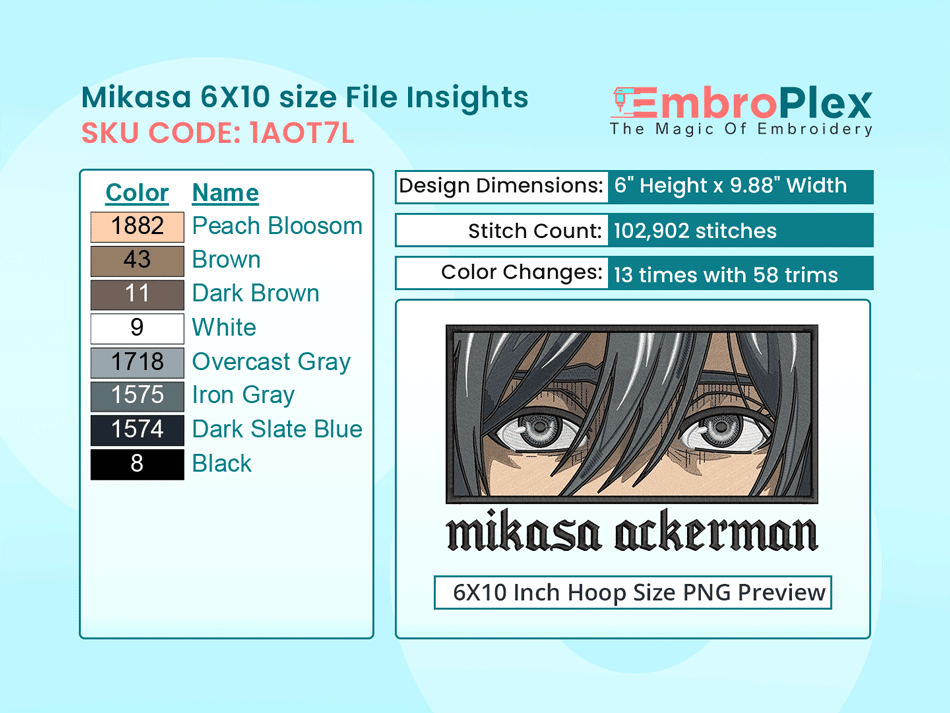 Anime-Inspired Mikasa Ackerman Embroidery Design File - 6x10 Inch hoop Size Variation overview image