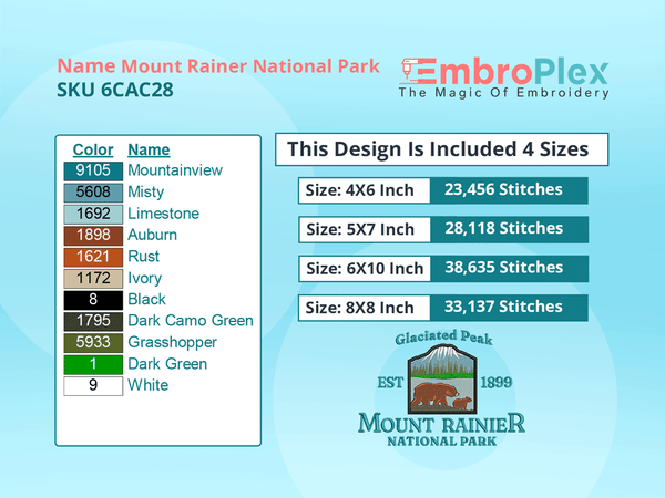 All Size Cities and Countries-Inspired Mount Rainer national park Embroidery Design File