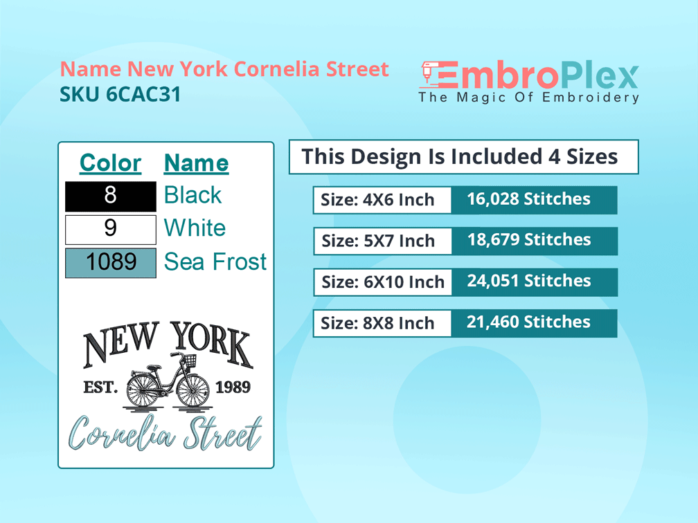  All Size Cities and Countries-Inspired New York Cornelia Street Embroidery Design File