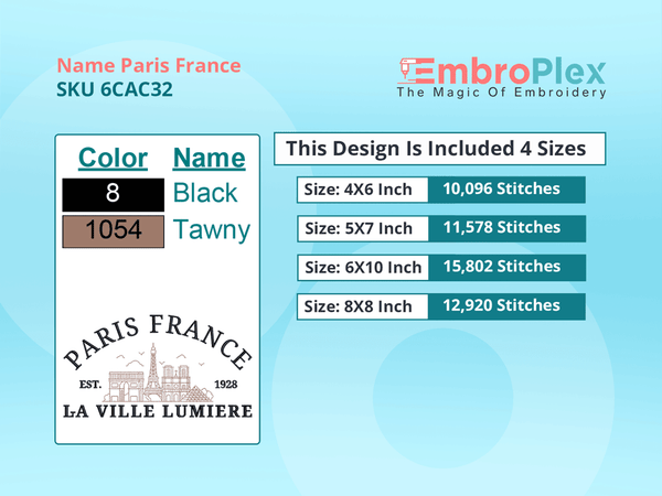 All Size Cities and Countries-Inspired Paris France Embroidery Design File