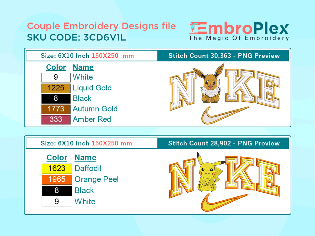 Pikachu & Eevee Embroidery Design File - 6x10 Inch hoop Size Variation overview image
