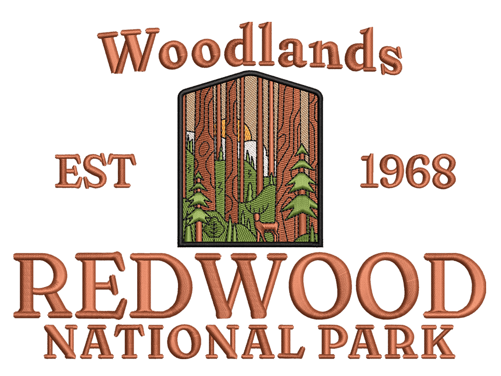 Cities and Countries-Inspired  Redwood National Park Embroidery Design File main image - This anime embroidery designs files featuring  Redwood National Park from Cities and Countries. Digital download in DST & PES formats. High-quality machine embroidery patterns by EmbroPlex.