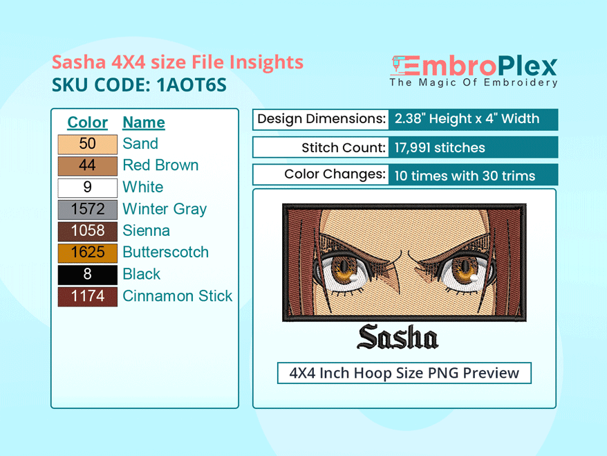 Anime-Inspired Sasha Braus Embroidery Design File - 4x4 Inch hoop Size Variation overview image