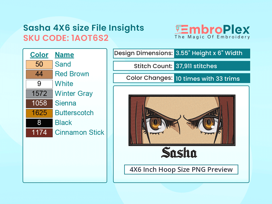 Anime-Inspired Sasha Braus Embroidery Design File - 4x6 Inch hoop Size Variation overview image