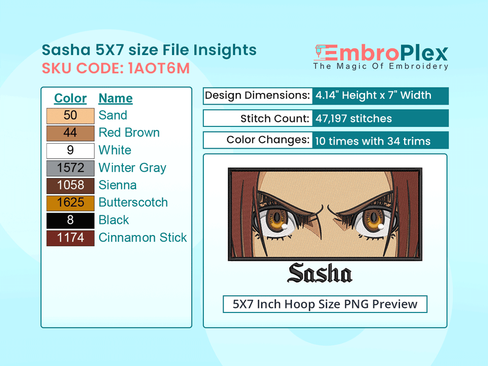 Anime-Inspired Sasha Braus Embroidery Design File - 5x7 Inch hoop Size Variation overview image