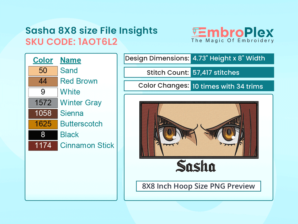 Anime-Inspired Sasha Braus Embroidery Design File - 8x8 Inch hoop Size Variation overview image
