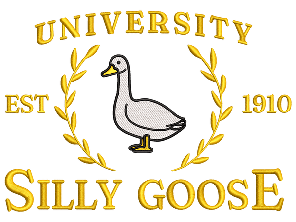 University Silly Goose Embroidery Design File main image - This funny embroidery designs files featuring University Silly Goose from Funny design. Digital download in DST & PES formats. High-quality machine embroidery patterns by EmbroPlex.