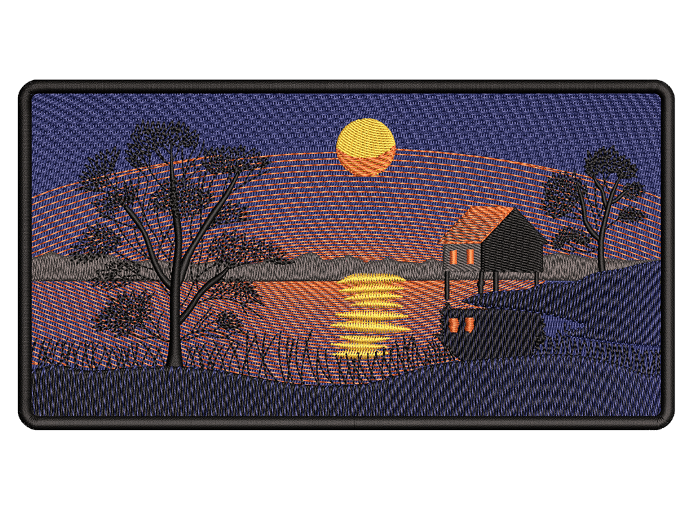 Cities and Countries-Inspired  Swamp Hut Sunset Embroidery Design File main image - This anime embroidery designs files featuring  Swamp Hut Sunset from Cities and Countries. Digital download in DST & PES formats. High-quality machine embroidery patterns by EmbroPlex.