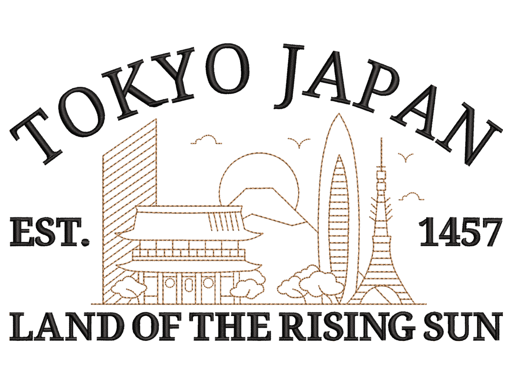 Cities and Countries-Inspired Tokyo Japan Embroidery Design File main image - This Cities and Countries embroidery designs files featuring Tokyo Japan from Cities and Countries. Digital download in DST & PES formats. High-quality machine embroidery patterns by EmbroPlex.
