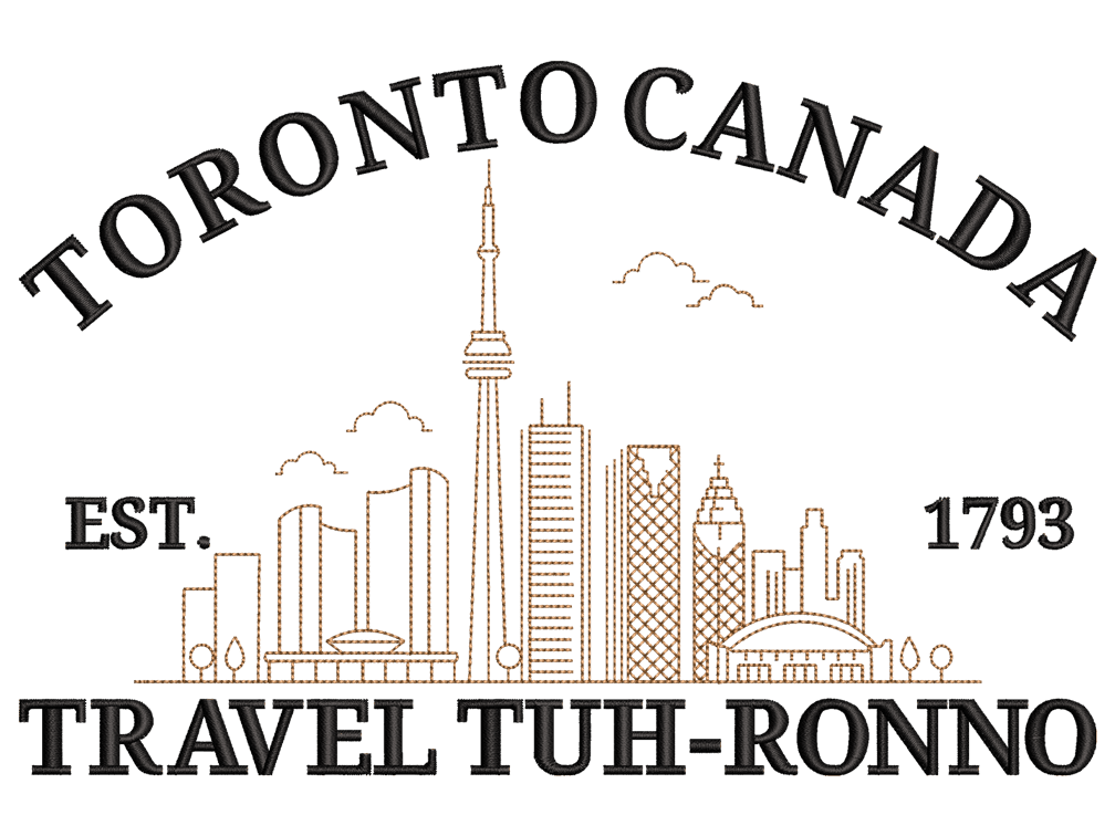 Cities and Countries-Inspired Toronto Canada Embroidery Design File main image - This Cities and Countries embroidery designs files featuring Toronto Canada from Cities and Countries. Digital download in DST & PES formats. High-quality machine embroidery patterns by EmbroPlex