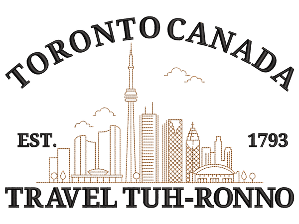 Cities and Countries-Inspired Toronto Canada Embroidery Design File main image - This Cities and Countries embroidery designs files featuring Toronto Canada from Cities and Countries. Digital download in DST & PES formats. High-quality machine embroidery patterns by EmbroPlex