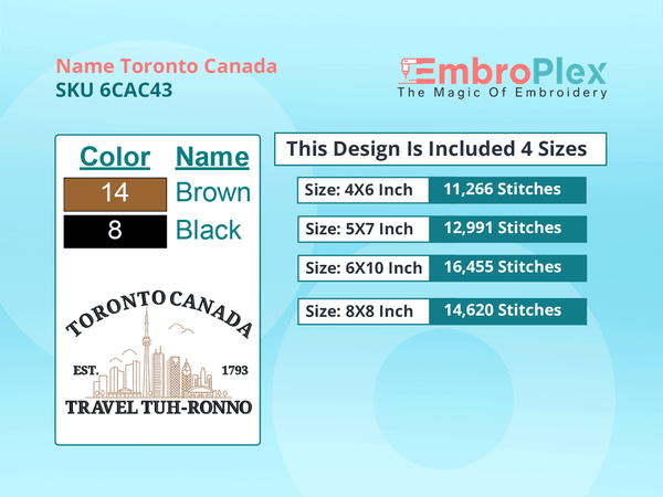 All sizes Cities and Countries-Inspired Toronto Canada Embroidery Design File