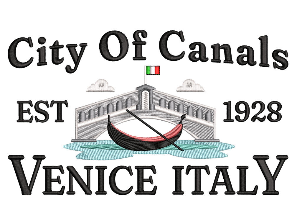 Cities and Countries-Inspired Venice Italy Embroidery Design File main image - This Cities and Countries embroidery designs files featuring Venice Italy from Cities and Countries. Digital download in DST & PES formats. High-quality machine embroidery patterns by EmbroPlex.