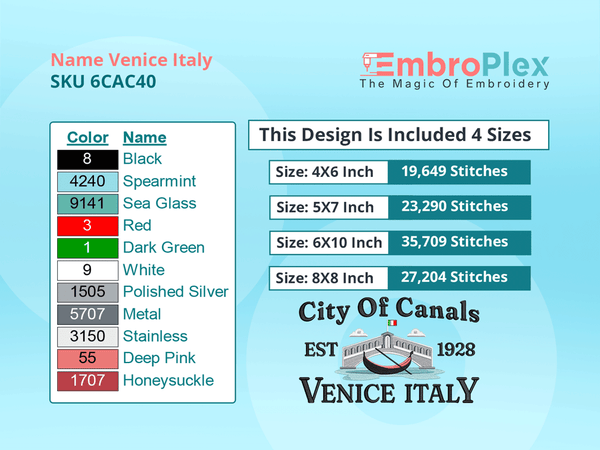 All Size Cities and Countries-Inspired Venice Italy Embroidery Design File
