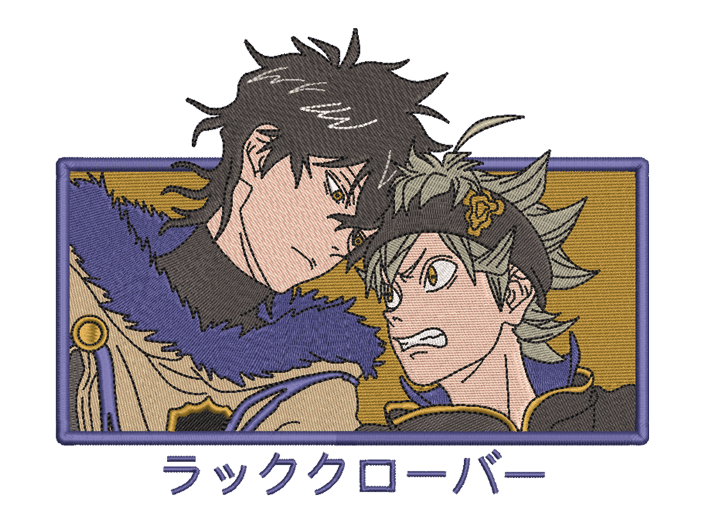 Anime-Inspired Yuno Aand Asta Embroidery Design File main image - This anime embroidery designs files featuring Yuno Aand Asta from Black Clover. Digital download in DST & PES formats. High-quality machine embroidery patterns by EmbroPlex.