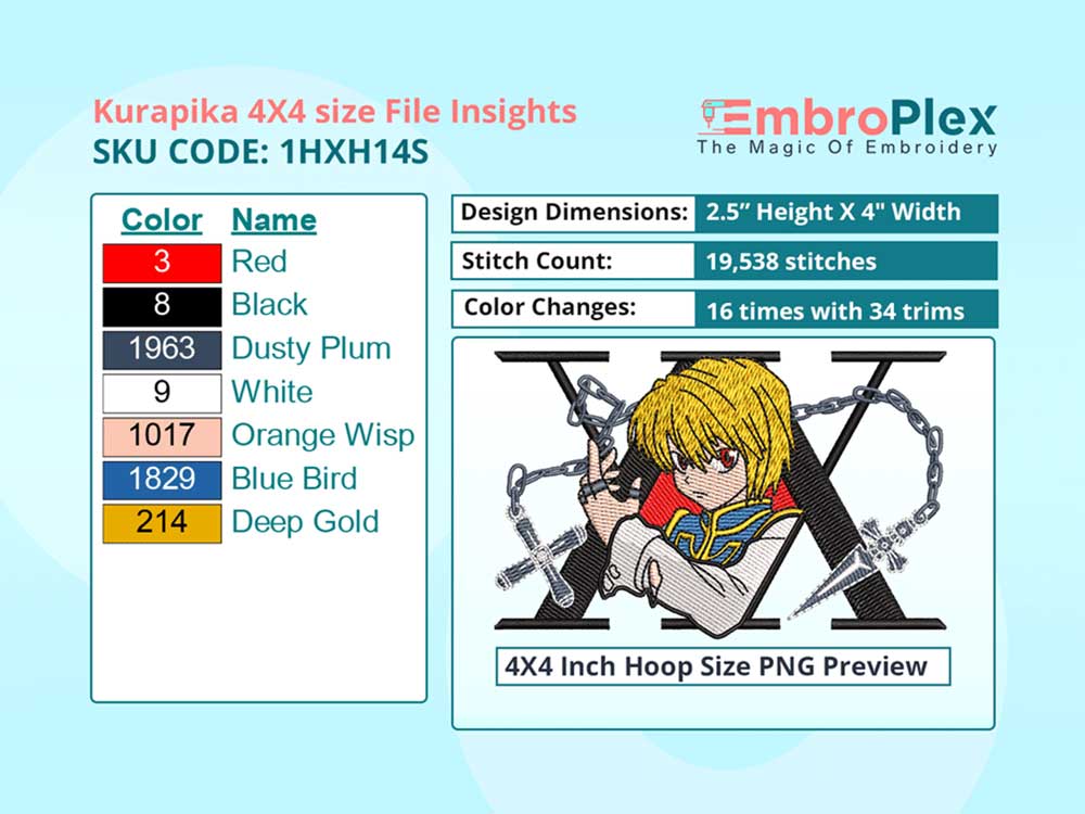 Anime-Inspired kurapika Embroidery Design File - 4x4 Inch hoop Size Variation overview image