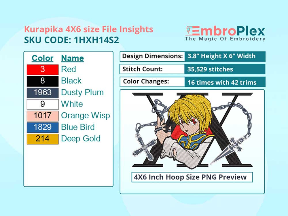 Anime-Inspired kurapika Embroidery Design File - 4x6 Inch hoop Size Variation overview image