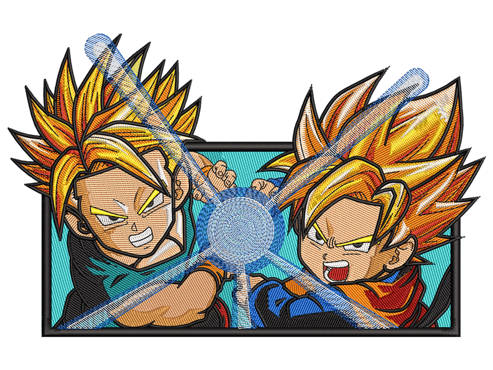 Anime-Inspired Goten & Trunks Embroidery Design File main image - This anime embroidery designs files featuring Goten & Trunks from Dragon Ball Digital download in DST & PES formats. High-quality machine embroidery patterns by EmbroPlex.