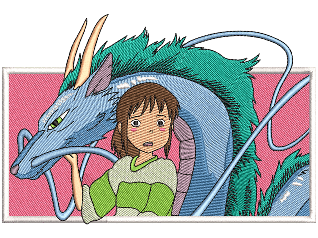 Anime-Inspired Chihiro and Haku Embroidery Design File main image - This anime embroidery designs files featuring Chihiro and Haku from Studio Ghibli. Digital download in DST & PES formats. High-quality machine embroidery patterns by EmbroPlex.